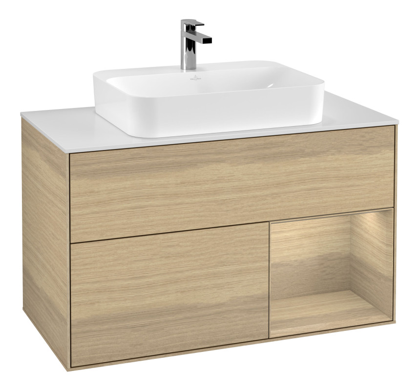 Тумба под раковину Villeroy & Boch Finion 100х50,1 см с подсветкой МДФ шпон дуба/стекло белое матовое F371PCPC