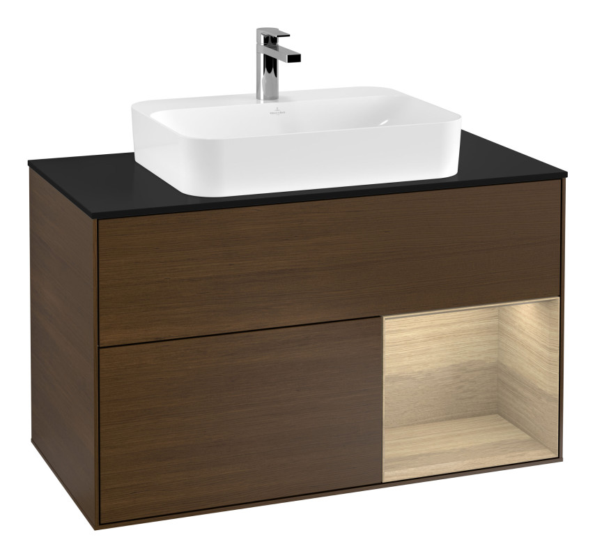 Тумба под раковину Villeroy & Boch Finion 100х50,1 см с подсветкой МДФ шпон грецкого ореха/стекло черное матовое F372PCGN