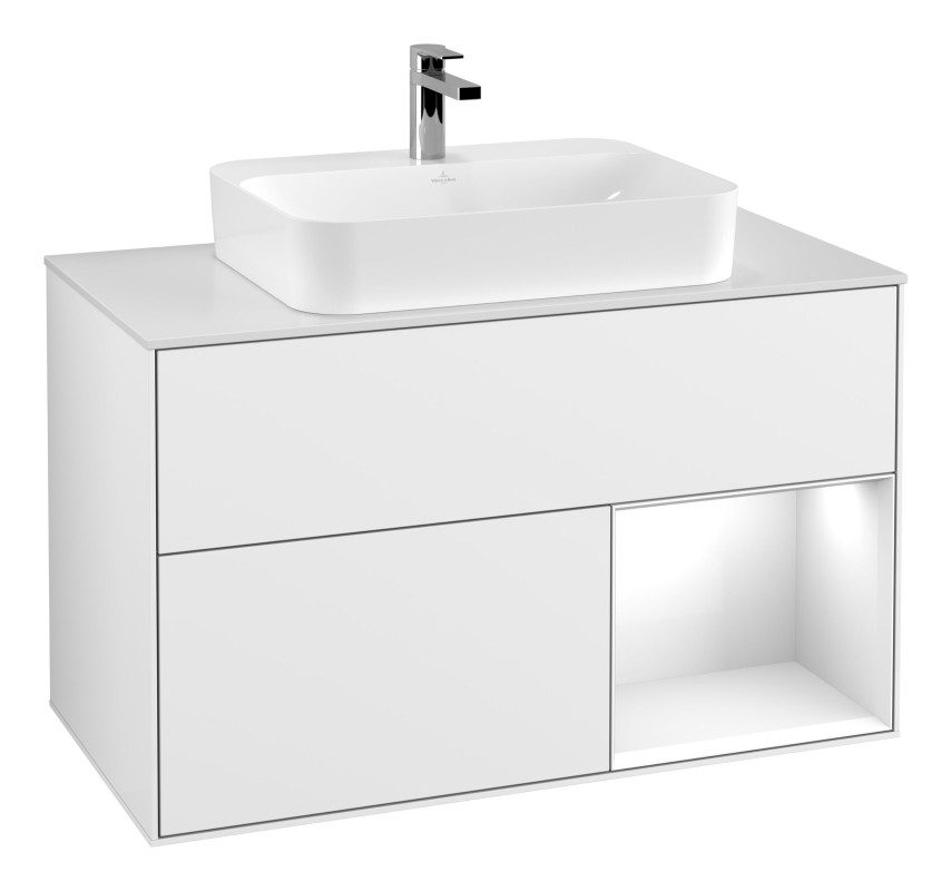 Тумба под раковину Villeroy & Boch Finion 100х50,1 см с подсветкой МДФ глянцевый белый лак/стекло белое матовое G371GFGF