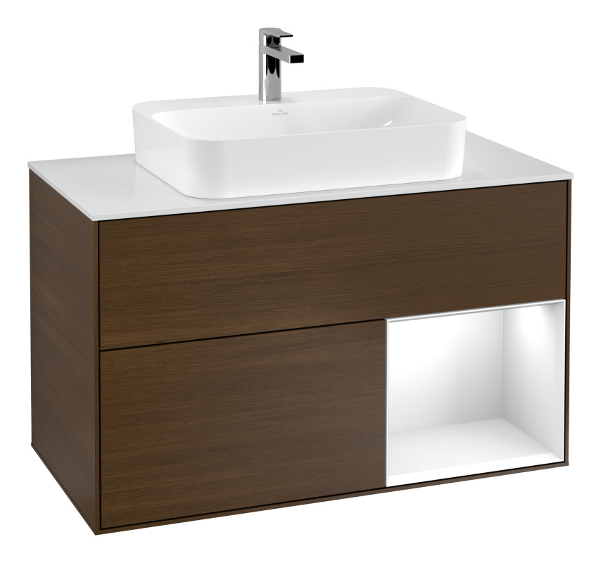 Тумба под раковину Villeroy & Boch Finion 100х50,1 см с подсветкой МДФ шпон грецкого ореха/стекло белое матовое G371GFGN