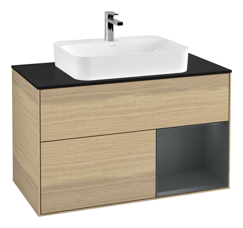 Тумба под раковину Villeroy & Boch Finion 100х50,1 см с подсветкой МДФ шпон дуба/стекло черное матовое F372HGPC