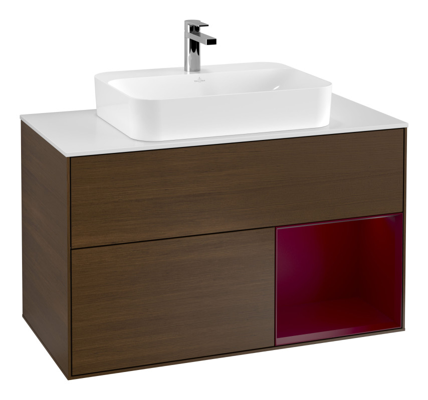 Тумба под раковину Villeroy & Boch Finion 100х50,1 см с подсветкой МДФ шпон грецкого ореха/стекло белое матовое G371HBGN