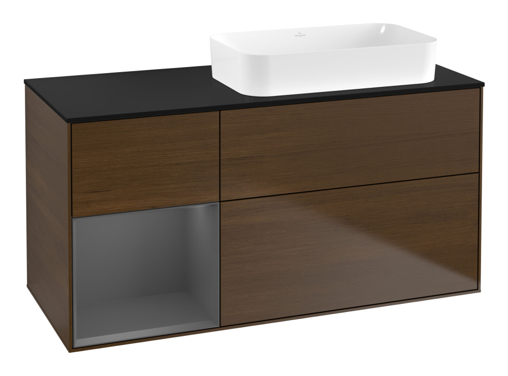 Тумба під раковину Villeroy & Boch Finion 120х50,1 см із підсвічуванням МДФ шпон волоського горіха/скло чорне матове F682GKGN