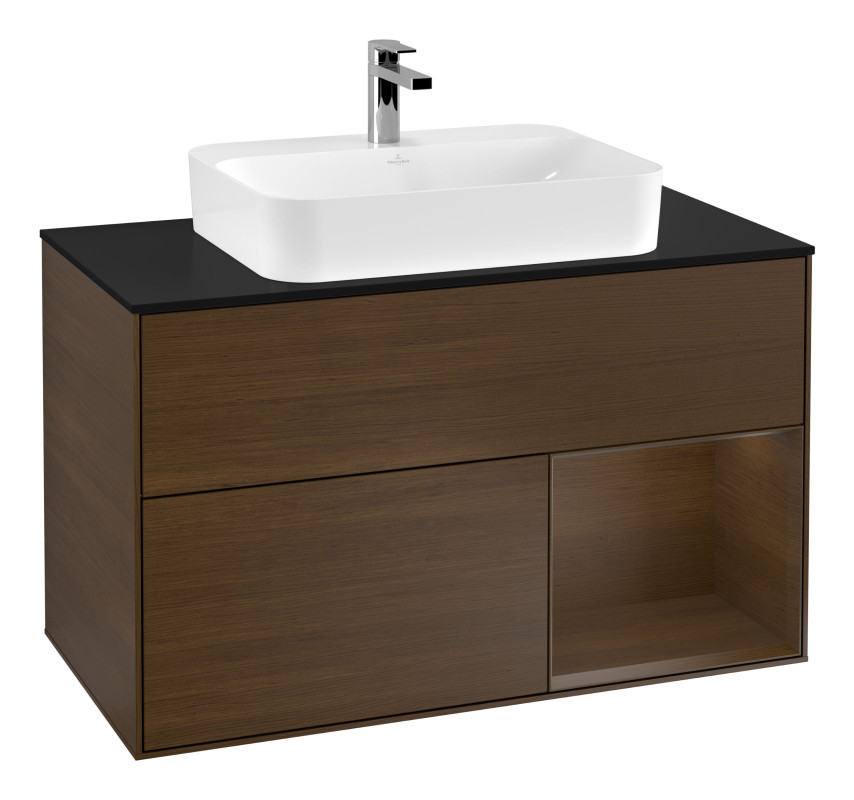 Тумба під раковину Villeroy & Boch Finion 100х50,1 см із підсвічуванням МДФ шпон волоського горіха/скло чорне матове G372GNGN