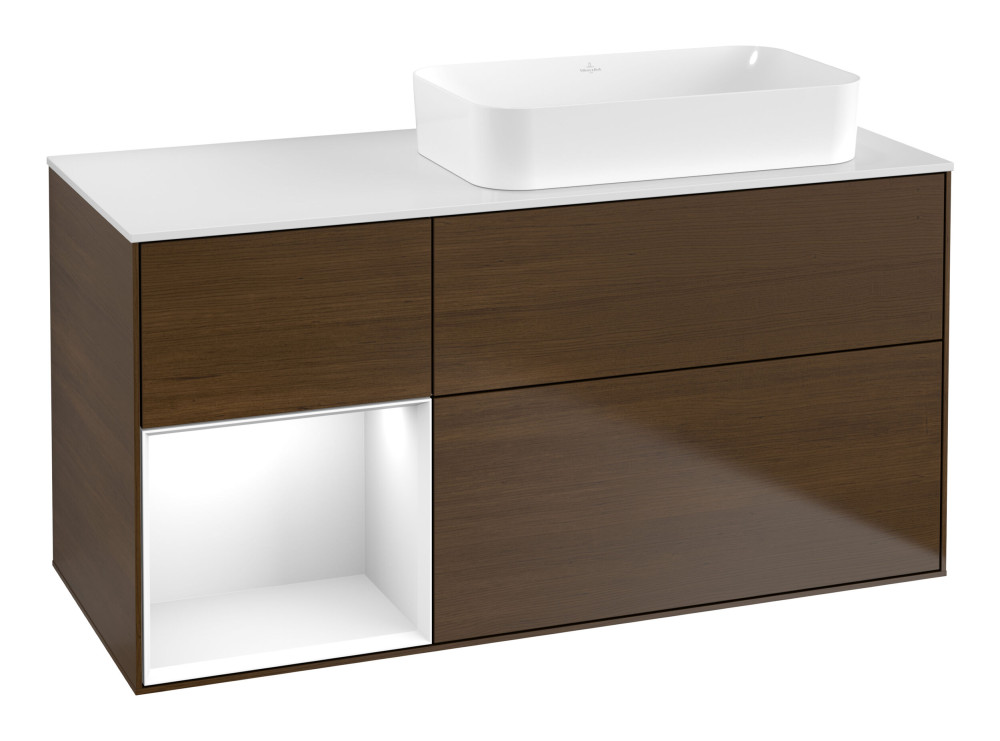 Тумба под раковину Villeroy & Boch Finion 120х50,1 см с подсветкой МДФ шпон грецкого ореха/стекло белое матовое G681GFGN