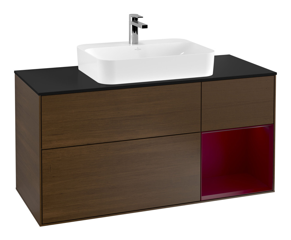 Тумба під раковину Villeroy & Boch Finion 120х50,1 см із підсвічуванням МДФ шпон волоського горіха/скло чорне матове G422HBGN