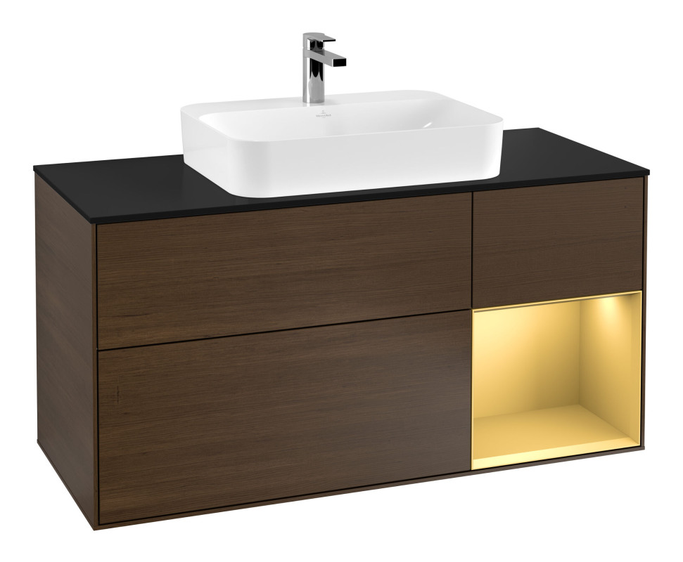 Тумба под раковину Villeroy & Boch Finion 120х50,1 см с подсветкой МДФ шпон грецкого ореха/стекло черное матовое G422HFGN