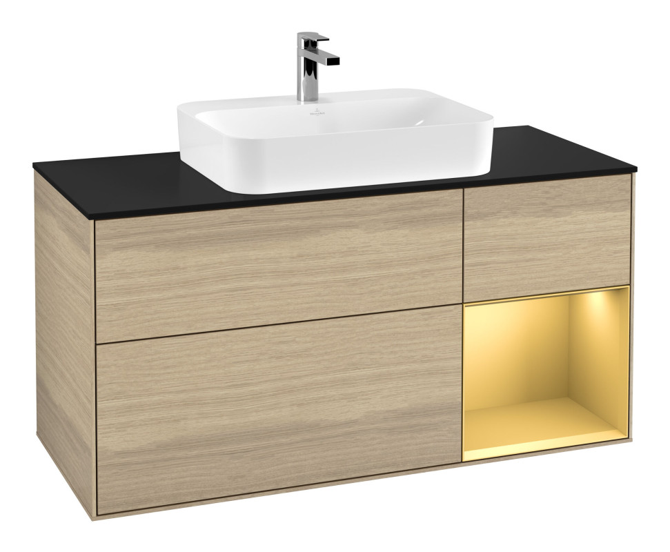 Тумба під раковину Villeroy & Boch Finion 120х50,1 см із підсвічуванням МДФ шпон дуба/скло чорне матове G422HFPC