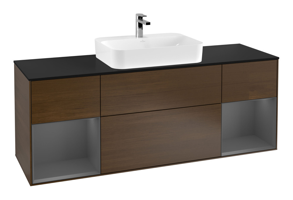 Тумба под раковину Villeroy & Boch Finion 160х50,1 см с подсветкой МДФ шпон грецкого ореха/стекло черное матовое F452GKGN