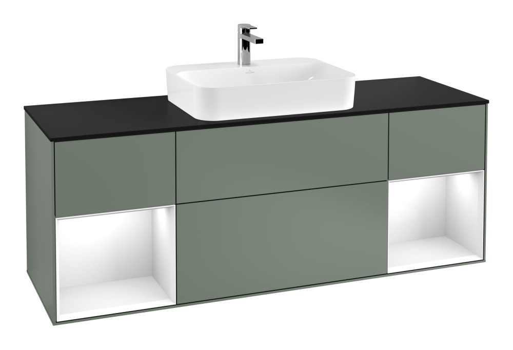 Тумба під раковину Villeroy & Boch Finion 160х50,1 см із підсвічуванням МДФ оливковий матовий лак/скло чорне матове F452GFGM