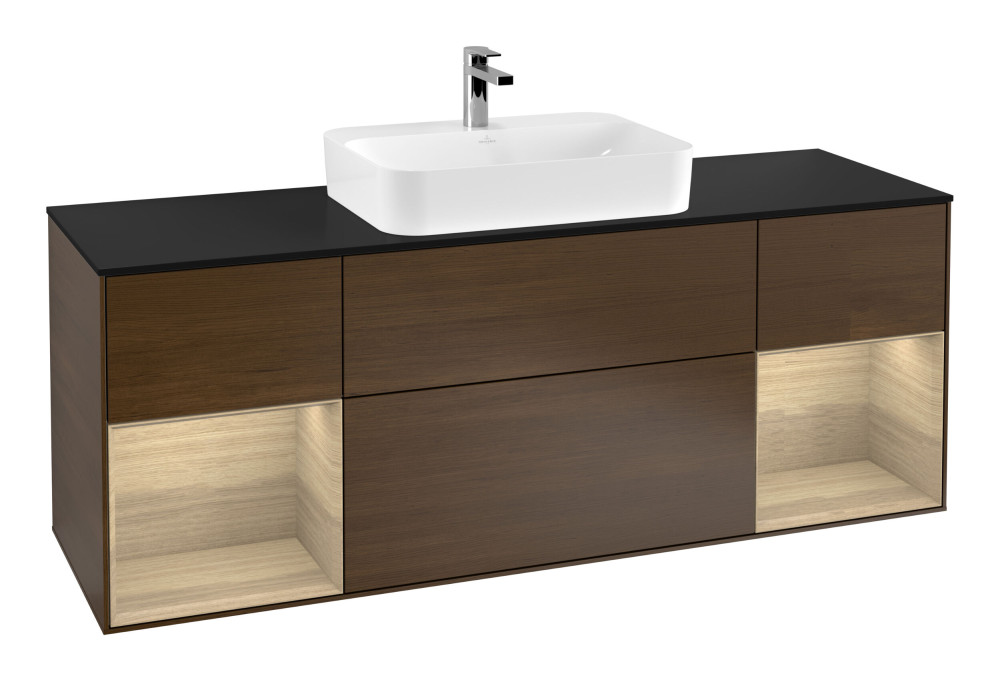 Тумба под раковину Villeroy & Boch Finion 160х50,1 см с подсветкой МДФ шпон грецкого ореха/стекло черное матовое F452PCGN