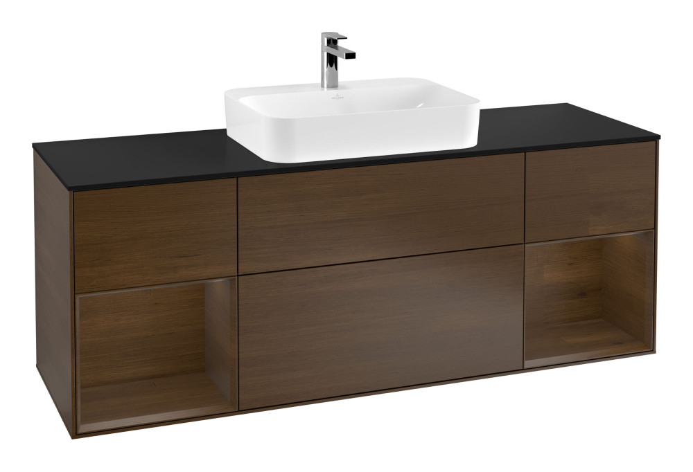 Тумба под раковину Villeroy & Boch Finion 160х50,1 см с подсветкой МДФ шпон грецкого ореха/стекло черное матовое G452GNGN