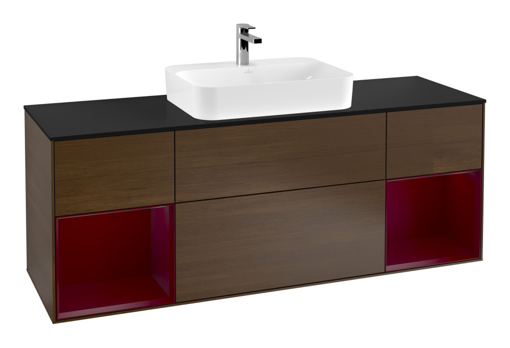 Тумба під раковину Villeroy & Boch Finion 160х50,1 см із підсвічуванням МДФ шпон волоського горіха/скло чорне матове G452HBGN