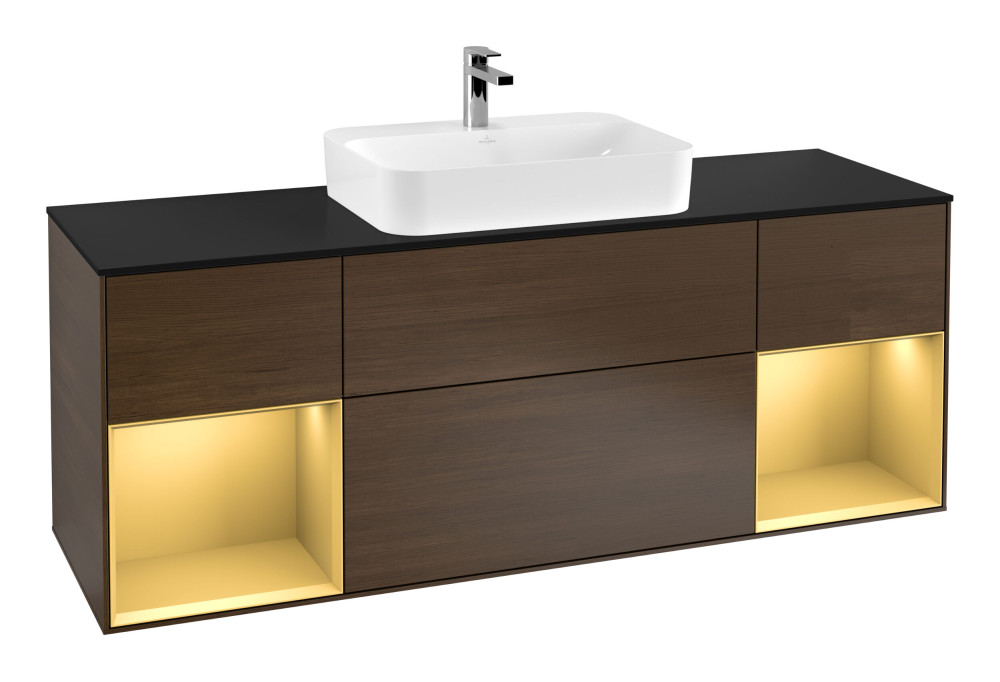 Тумба під раковину Villeroy & Boch Finion 160х50,1 см із підсвічуванням МДФ шпон волоського горіха/скло чорне матове G452HFGN