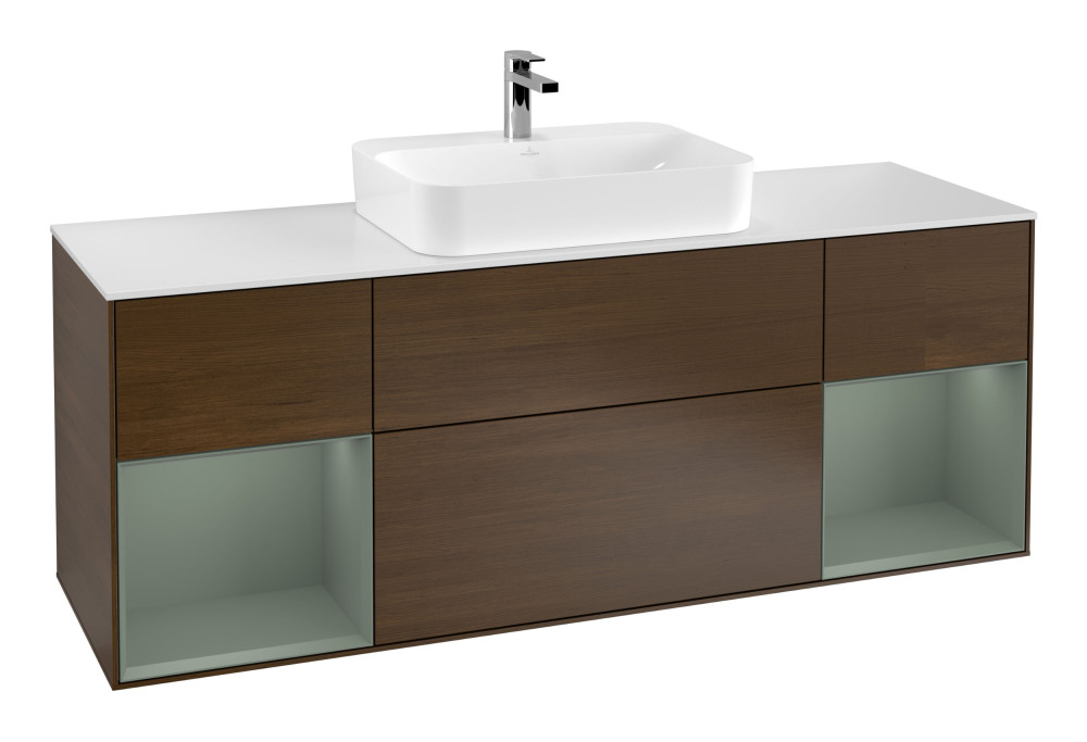 Тумба под раковину Villeroy & Boch Finion 160х50,1 см с подсветкой МДФ шпон грецкого ореха/стекло белое матовое G451GMGN