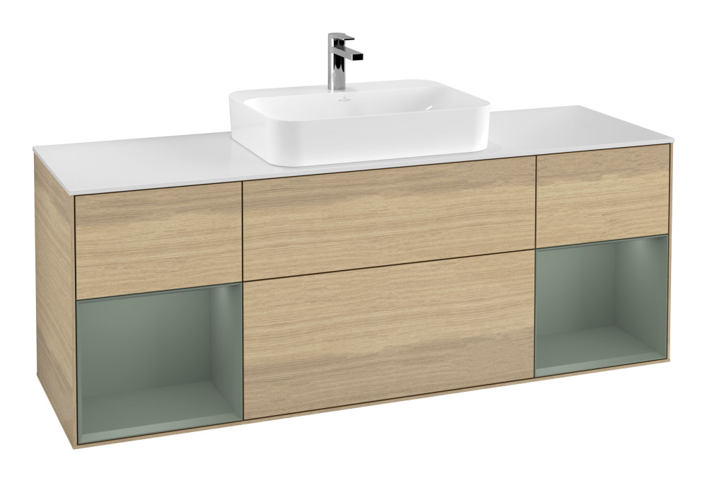 Тумба під раковину Villeroy & Boch Finion 160х50,1 см з підсвічуванням МДФ шпон дуба/скло біле матове G451GMPC