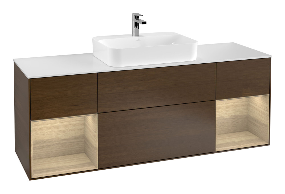 Тумба под раковину Villeroy & Boch Finion 160х50,1 см с подсветкой МДФ шпон грецкого ореха/стекло белое матовое G451PCGN