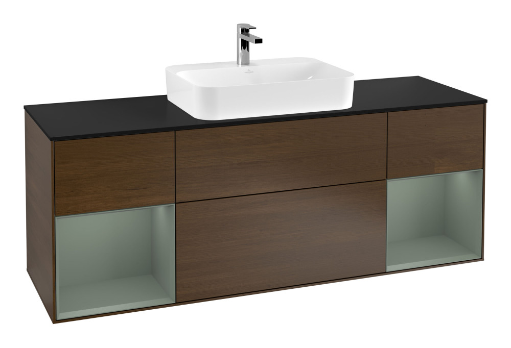 Тумба под раковину Villeroy & Boch Finion 160х50,1 см с подсветкой МДФ шпон грецкого ореха/стекло черное матовое G452GMGN