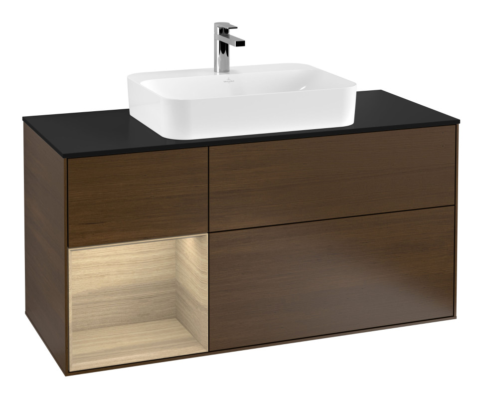 Тумба під раковину Villeroy & Boch Finion 120х50,1 см із підсвічуванням МДФ шпон волоського горіха/скло чорне матове G412PCGN