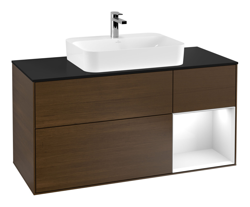 Тумба под раковину Villeroy & Boch Finion 120х50,1 см с подсветкой МДФ шпон грецкого ореха/стекло черное матовое F422GFGN