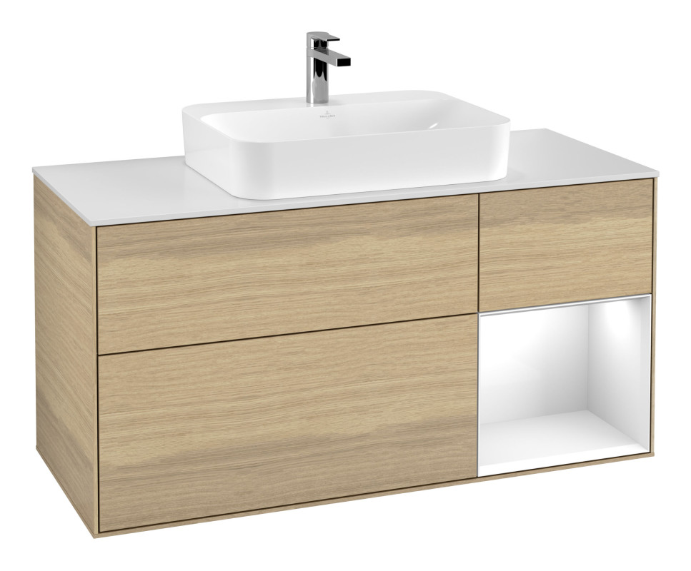 Тумба под раковину Villeroy & Boch Finion 120х50,1 см с подсветкой МДФ шпон дуба/стекло белое матовое F421GFPC