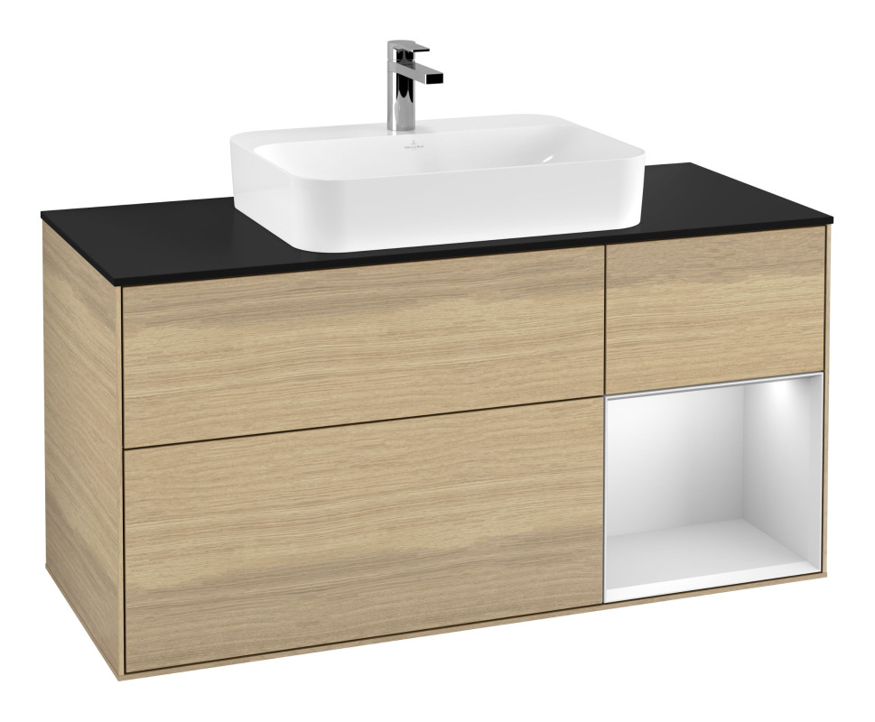 Тумба під раковину Villeroy & Boch Finion 120х50,1 см із підсвічуванням МДФ шпон дуба/скло чорне матове F422MTPC