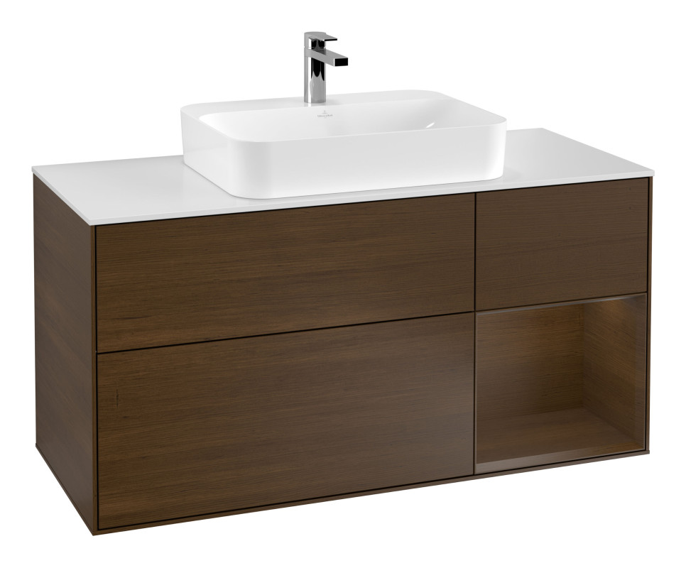 Тумба під раковину Villeroy & Boch Finion 120х50,1 см із підсвічуванням МДФ шпон волоського горіха/скло біле матове G421GNGN