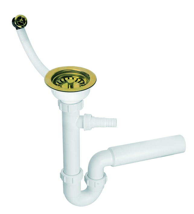 Сифон для кухонної мийки McAlpine 1½х50 зі зливом і переливом золото HC7+FSW50P-PVD