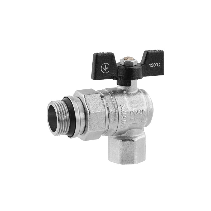 Кран-американка шаровой угловой Kroner KN-06/20 ¾'' ВН PN40 бабочка латунь никелированная CV033224