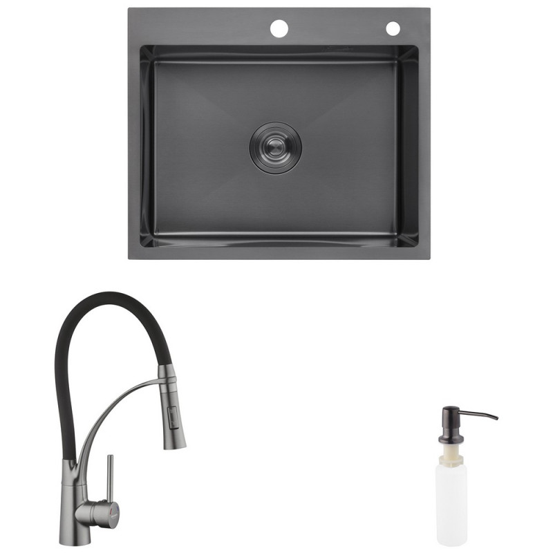 Мийка для кухні Kroner KRP Schwarze-6050HM 60х50 60х50 см із змішувачем та дозатором нержавіюча сталь чорний PVD CVS30071