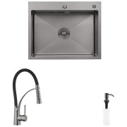 Мойка для кухни Kroner KRP Schwarze-6350HM 63х50 см со смесителем и дозатором нержавеющая сталь черный PVD CVS30076