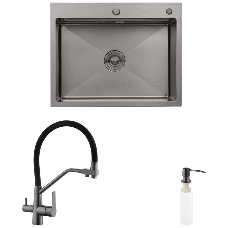 Мойка для кухни Kroner KRP Schwarze-6350HM 63х50 см со смесителем и дозатором нержавеющая сталь черный PVD CVS30117