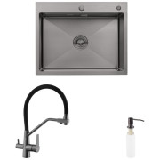 Мойка для кухни Kroner KRP Schwarze-6350HM 63х50 см со смесителем и дозатором нержавеющая сталь черный PVD CVS30117