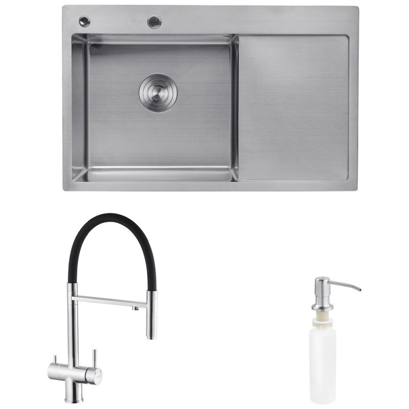 Мойка для кухни Kroner KRP Gebürstet-7849LHM 78х49 см со смесителем и дозатором нержавеющая сталь CVS30107