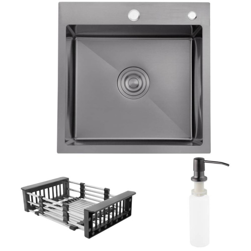 Мойка для кухни Kroner KRP Schwarze-4545HM 45х45 см с дозатором и сушилкой нержавеющая сталь черный PVD CV033856