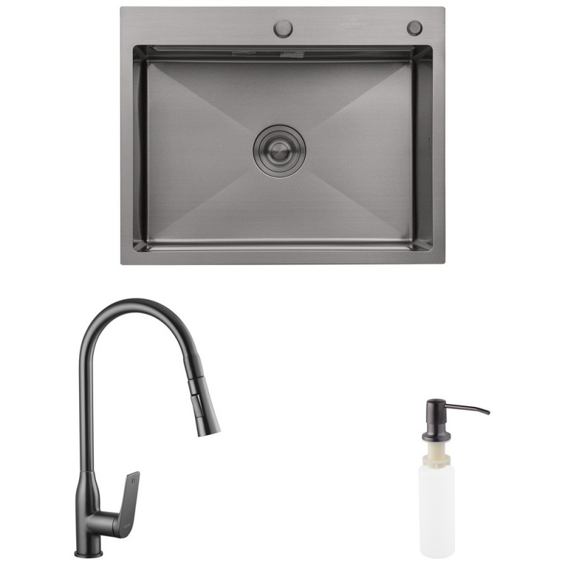 Мойка для кухни Kroner KRP Schwarze-6350HM 63х50 см со смесителем и дозатором нержавеющая сталь черный PVD CVS29809