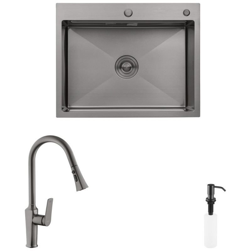 Мойка для кухни Kroner KRP Schwarze-6350HM 63х50 см со смесителем и дозатором нержавеющая сталь черный PVD CVS30075