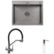 Мойка для кухни Kroner KRP Schwarze-6350HM 63х50 см со смесителем и дозатором нержавеющая сталь черный PVD CVS30117