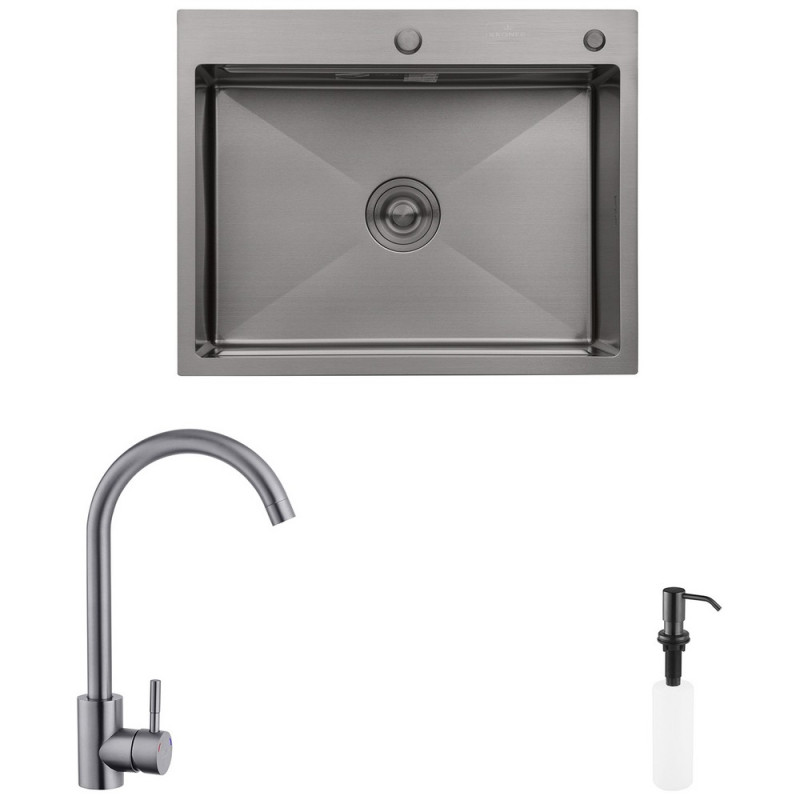 Мойка для кухни Kroner KRP Schwarze-6350HM 63х50 см со смесителем и дозатором нержавеющая сталь черный PVD CVS30124