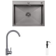 Мойка для кухни Kroner KRP Schwarze-6350HM 63х50 см со смесителем и дозатором нержавеющая сталь черный PVD CVS30124