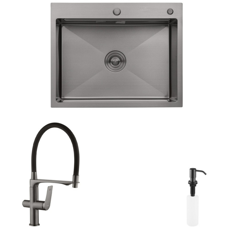 Мойка для кухни Kroner KRP Schwarze-6350HM 63х50 см со смесителем и дозатором нержавеющая сталь черный PVD CVS30125