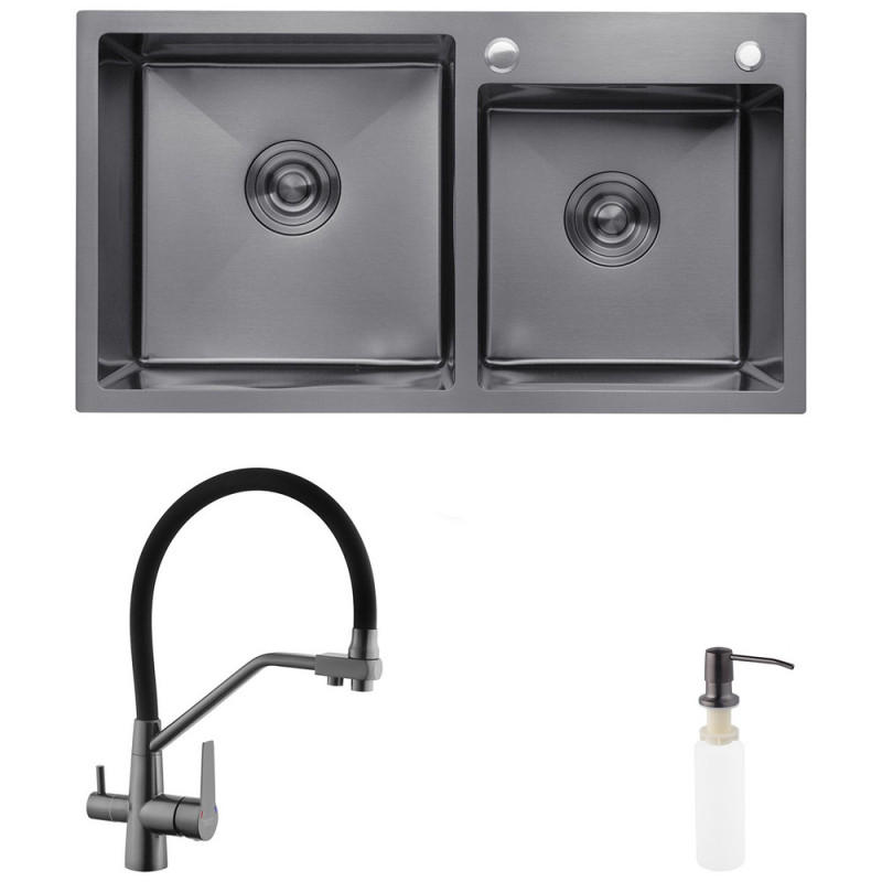 Мийка для кухні Kroner KRP Schwarze-7843ZHM 78х43 см із змішувачем та дозатором нержавіюча сталь чорний PVD CVS30115