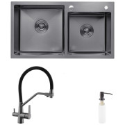 Мойка для кухни Kroner KRP Schwarze-7843ZHM 78х43 см со смесителем и дозатором нержавеющая сталь черный PVD CVS30115