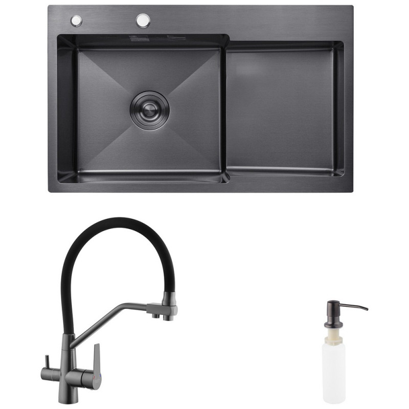 Мийка для кухні Kroner KRP Schwarze-7848LHM 78х48 см із змішувачем та дозатором нержавіюча сталь чорний PVD CVS30116