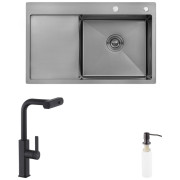 Мойка для кухни Kroner KRP Schwarze-7849RHM 78х49 см со смесителем и дозатором нержавеющая сталь черный PVD CVS30126