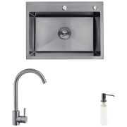 Мойка для кухни Kroner KRP Schwarze-5843HM 58х43 см со смесителем и дозатором нержавеющая сталь черный PVD CVS30113