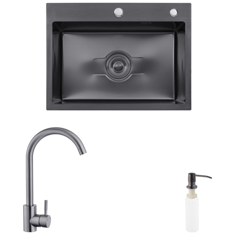 Мийка для кухні Kroner KRP Derby-5843HM ​​58х43 см із змішувачем та дозатором нержавіюча сталь чорний PVD CVS30114