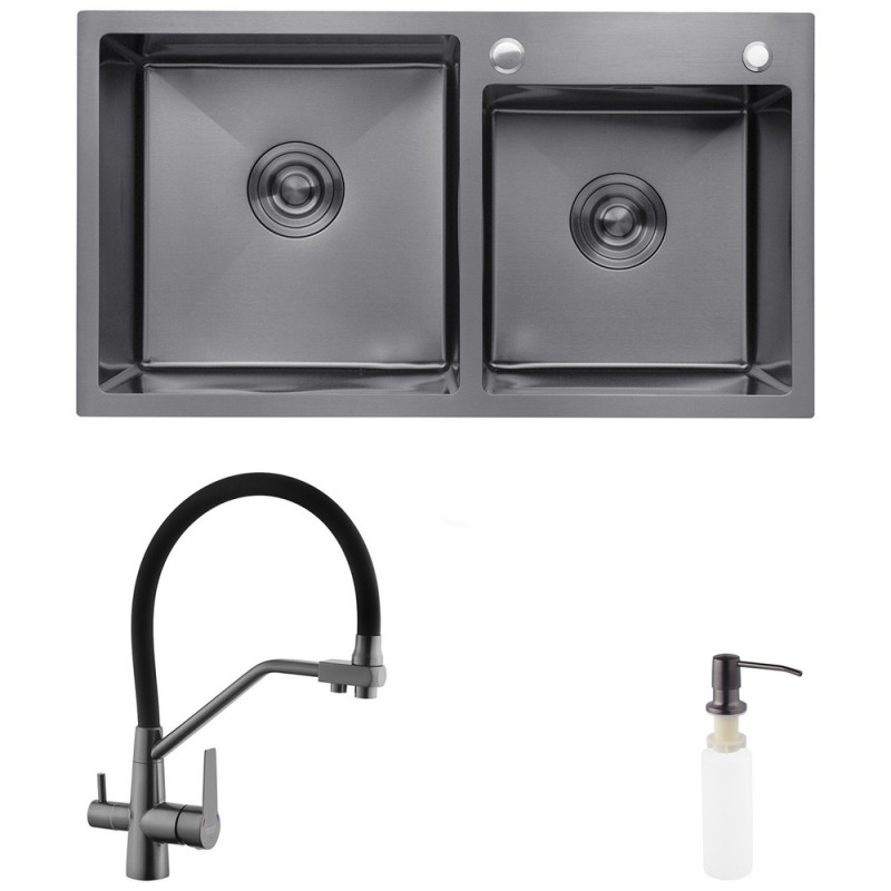Мойка для кухни Kroner KRP Schwarze-7843ZHM 78х43 см со смесителем и дозатором нержавеющая сталь черный PVD CVS30115