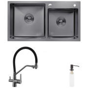 Мийка для кухні Kroner KRP Schwarze-7843ZHM 78х43 см із змішувачем та дозатором нержавіюча сталь чорний PVD CVS30115