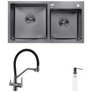 Мойка для кухни Kroner KRP Schwarze-7843ZHM 78х43 см со смесителем и дозатором нержавеющая сталь черный PVD CVS30115